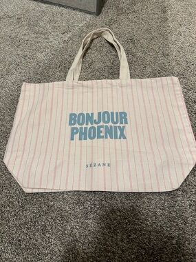 Sezane "Bonjour Phoenix" Pink Stripe Canvas Tote Bag